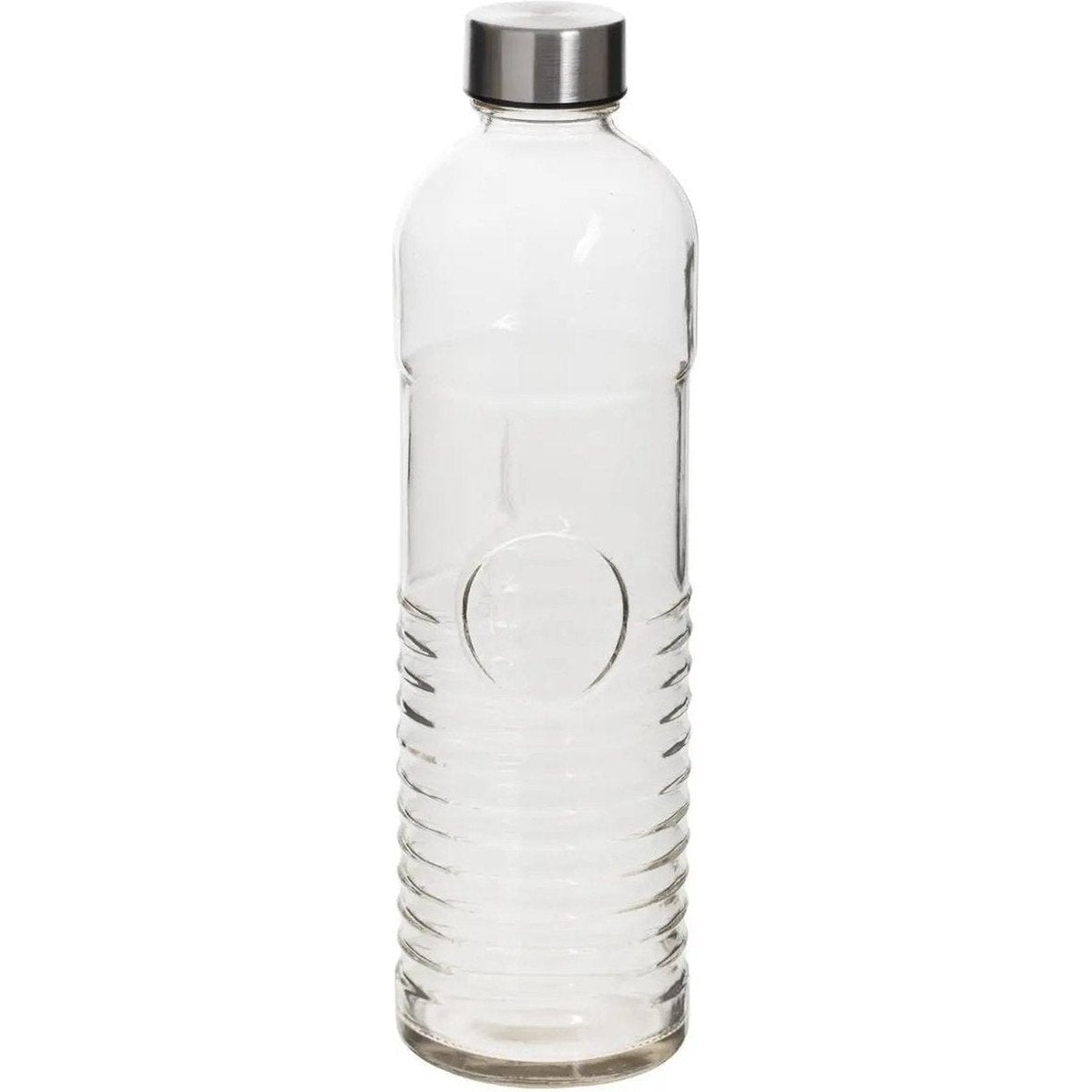 Drinkfles 1 L van gehard ribbelglas, met rvs schroefdeksel