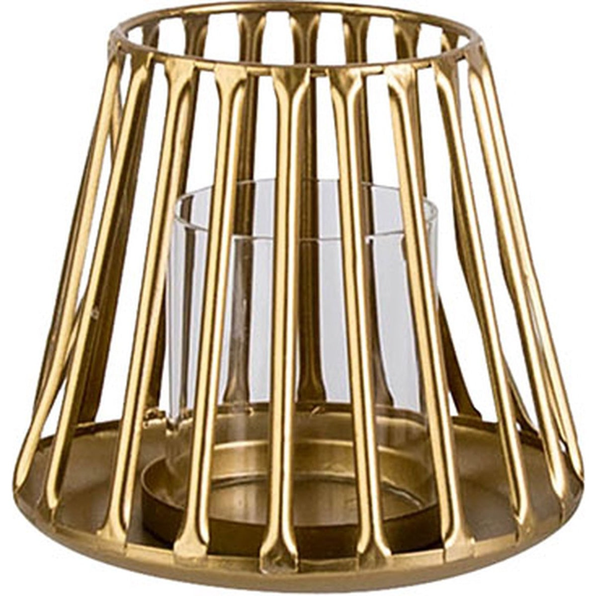 Windlicht goud van metaal, 14,5 x 14,5 x 12,5 cm