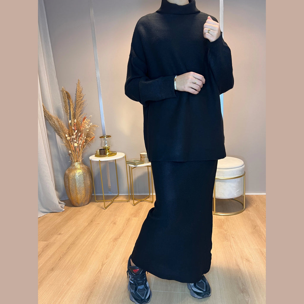 Yara twinset coltrui en rok, zwart (2)